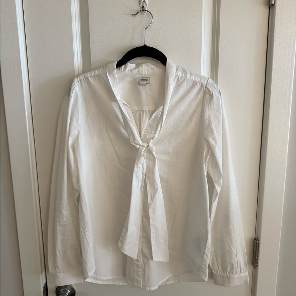 J. Crew White Tie-Neck Cotton Blouse - Long Sleeve Feminine Top